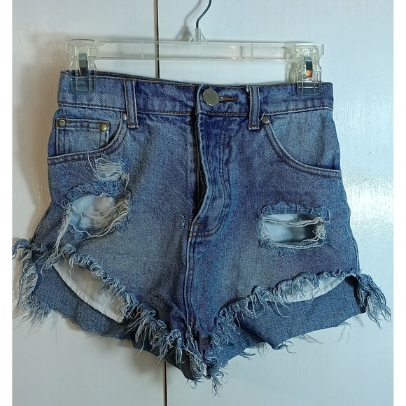 Signature Pants - Signature 8 Distressed Button Fly High Waist Denim Shorts Blue Y2k Cheeky Size S